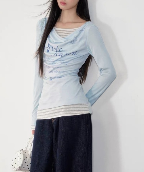 Miniministore（ミニミニストア）の「ドレープネックトップスレイヤード風ロゴT（Tシャツ/カットソー・レディース・ダークグレー/ライトブルー・FREE）」の4枚目の写真