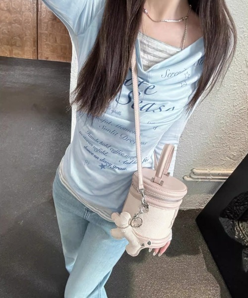 Miniministore（ミニミニストア）の「ドレープネックトップスレイヤード風ロゴT（Tシャツ/カットソー・レディース・ダークグレー/ライトブルー・FREE）」の17枚目の写真