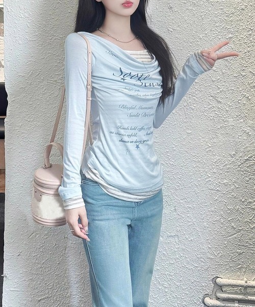 Miniministore（ミニミニストア）の「ドレープネックトップスレイヤード風ロゴT（Tシャツ/カットソー・レディース・ダークグレー/ライトブルー・FREE）」の20枚目の写真