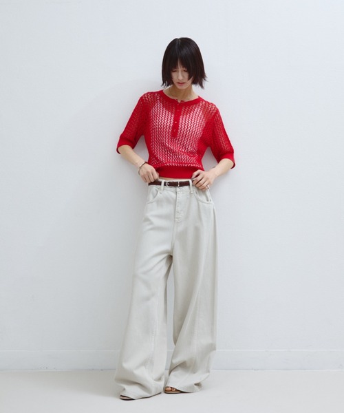 ANF.MUU(アンフムー)の「透かし編みヘンリーネックニット(Tシャツ/カットソー・レディース・ブラック/ライトブルー/ホワイト/レッド・FREE)」の18枚目の写真