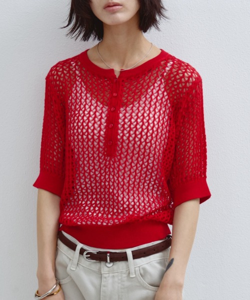 ANF.MUU(アンフムー)の「透かし編みヘンリーネックニット(Tシャツ/カットソー・レディース・ブラック/ライトブルー/ホワイト/レッド・FREE)」の16枚目の写真