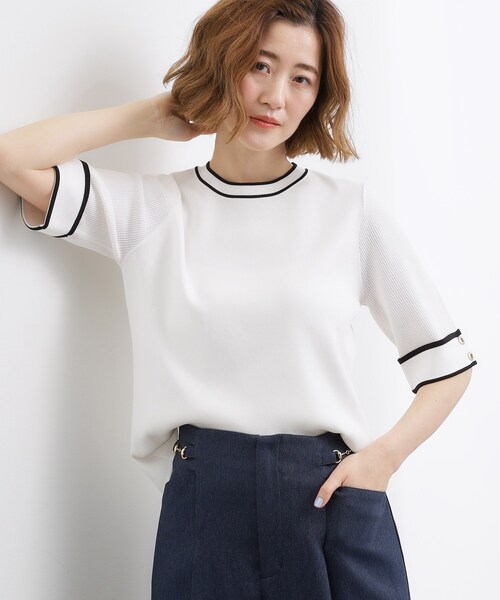 grove（グローブ）の「【貴島明日香さん着用】やわらかドライタッチ 袖メッシュ編みニット（ニット/セーター・レディース・グレー/ネイビー/レッド系/ブラック系4/オフホワイト・03/02/01/05/04）」の2枚目の写真