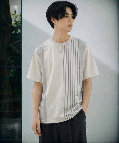 NILWAY(ニルウェイ)の「スムース 前身頃 異素材切替クルーTシャツ(Tシャツ/カットソー・メンズ・オフホワイト/ブラック/ベージュ・MEDIUM/LARGE/X-LARGE)」の3枚目の写真