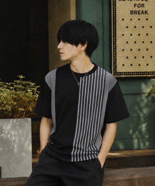 NILWAY(ニルウェイ)の「スムース 前身頃 異素材切替クルーTシャツ(Tシャツ/カットソー・メンズ・オフホワイト/ブラック/ベージュ・MEDIUM/LARGE/X-LARGE)」の1枚目の写真