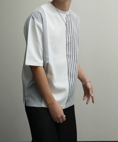 NILWAY(ニルウェイ)の「スムース 前身頃 異素材切替クルーTシャツ(Tシャツ/カットソー・メンズ・オフホワイト/ブラック/ベージュ・MEDIUM/LARGE/X-LARGE)」の14枚目の写真