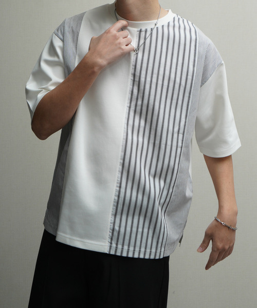 NILWAY(ニルウェイ)の「スムース 前身頃 異素材切替クルーTシャツ(Tシャツ/カットソー・メンズ・オフホワイト/ブラック/ベージュ・MEDIUM/LARGE/X-LARGE)」の17枚目の写真