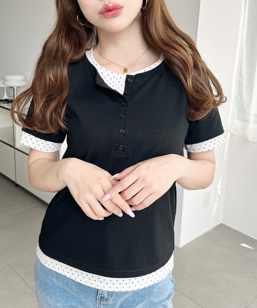 moment+(モーメントプラス)の「ヘンリーネックレイヤード半袖Tシャツ(ヘンリーネックTシャツ+Tシャツ2枚セット)(Tシャツ/カットソー・レディース・ピンク/レッド/オフホワイト/杢グレー/ネイビー/イエロー/ブラック/ホワイト系その他・M)」の19枚目の写真
