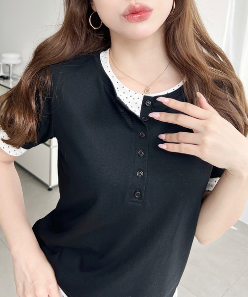 moment+(モーメントプラス)の「ヘンリーネックレイヤード半袖Tシャツ(ヘンリーネックTシャツ+Tシャツ2枚セット)(Tシャツ/カットソー・レディース・ピンク/レッド/オフホワイト/杢グレー/ネイビー/イエロー/ブラック/ホワイト系その他・M)」の20枚目の写真