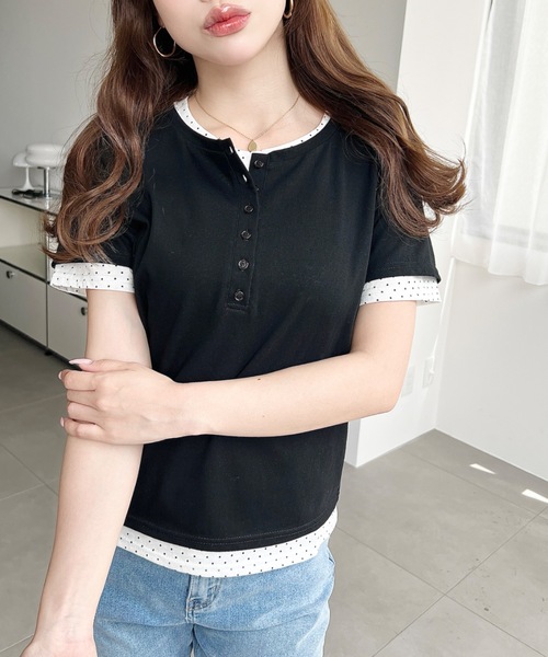 moment+(モーメントプラス)の「ヘンリーネックレイヤード半袖Tシャツ(ヘンリーネックTシャツ+Tシャツ2枚セット)(Tシャツ/カットソー・レディース・ピンク/レッド/オフホワイト/杢グレー/ネイビー/イエロー/ブラック/ホワイト系その他・M)」の22枚目の写真