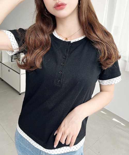 moment+(モーメントプラス)の「ヘンリーネックレイヤード半袖Tシャツ(ヘンリーネックTシャツ+Tシャツ2枚セット)(Tシャツ/カットソー・レディース・ピンク/レッド/オフホワイト/杢グレー/ネイビー/イエロー/ブラック/ホワイト系その他・M)」の21枚目の写真