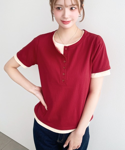 moment+(モーメントプラス)の「ヘンリーネックレイヤード半袖Tシャツ(ヘンリーネックTシャツ+Tシャツ2枚セット)(Tシャツ/カットソー・レディース・ピンク/レッド/オフホワイト/杢グレー/ネイビー/イエロー/ブラック/ホワイト系その他・M)」の18枚目の写真