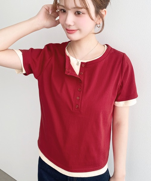 moment+(モーメントプラス)の「ヘンリーネックレイヤード半袖Tシャツ(ヘンリーネックTシャツ+Tシャツ2枚セット)(Tシャツ/カットソー・レディース・ピンク/レッド/オフホワイト/杢グレー/ネイビー/イエロー/ブラック/ホワイト系その他・M)」の15枚目の写真
