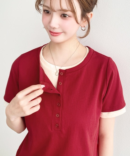 moment+(モーメントプラス)の「ヘンリーネックレイヤード半袖Tシャツ(ヘンリーネックTシャツ+Tシャツ2枚セット)(Tシャツ/カットソー・レディース・ピンク/レッド/オフホワイト/杢グレー/ネイビー/イエロー/ブラック/ホワイト系その他・M)」の16枚目の写真
