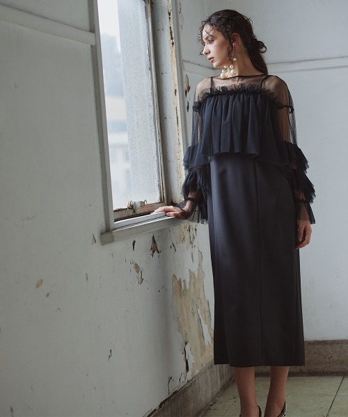 Callarus(カラルス)の「2点セットアップドレス(ノーカラージレ+チュールフリルドッキングワンピース)〔Callarus〕(ドレス・レディース・ブラック/ブラック×グレー・S/M/L)」の6枚目の写真