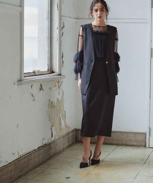 Callarus(カラルス)の「2点セットアップドレス(ノーカラージレ+チュールフリルドッキングワンピース)〔Callarus〕(ドレス・レディース・ブラック/ブラック×グレー・S/M/L)」の8枚目の写真