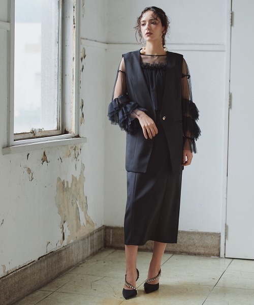 Callarus(カラルス)の「2点セットアップドレス(ノーカラージレ+チュールフリルドッキングワンピース)〔Callarus〕(ドレス・レディース・ブラック/ブラック×グレー・S/M/L)」の10枚目の写真