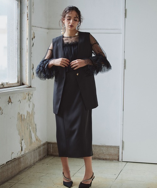 Callarus(カラルス)の「2点セットアップドレス(ノーカラージレ+チュールフリルドッキングワンピース)〔Callarus〕(ドレス・レディース・ブラック/ブラック×グレー・S/M/L)」の11枚目の写真