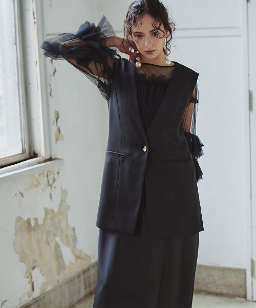 Callarus(カラルス)の「2点セットアップドレス(ノーカラージレ+チュールフリルドッキングワンピース)〔Callarus〕(ドレス・レディース・ブラック/ブラック×グレー・S/M/L)」の16枚目の写真