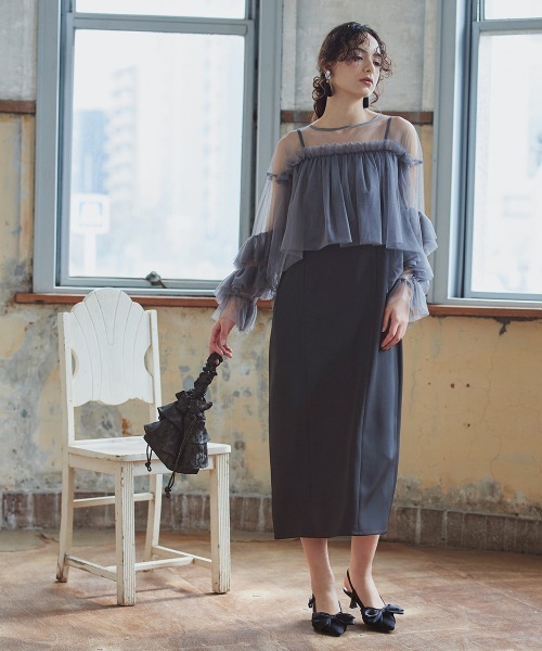 Callarus(カラルス)の「2点セットアップドレス(ノーカラージレ+チュールフリルドッキングワンピース)〔Callarus〕(ドレス・レディース・ブラック/ブラック×グレー・S/M/L)」の18枚目の写真