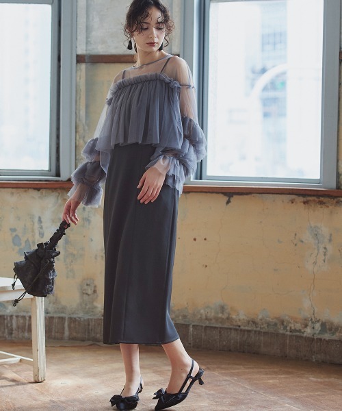 Callarus(カラルス)の「2点セットアップドレス(ノーカラージレ+チュールフリルドッキングワンピース)〔Callarus〕(ドレス・レディース・ブラック/ブラック×グレー・S/M/L)」の19枚目の写真