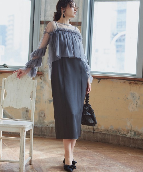 Callarus(カラルス)の「2点セットアップドレス(ノーカラージレ+チュールフリルドッキングワンピース)〔Callarus〕(ドレス・レディース・ブラック/ブラック×グレー・S/M/L)」の21枚目の写真