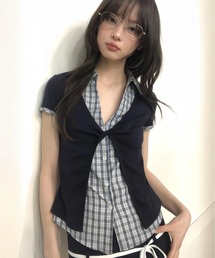 チェック柄レイヤード風 フロントツイスト半袖トップス