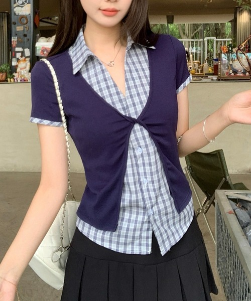 Lis ardent(リスアルダン)の「チェック柄レイヤード風 フロントツイスト半袖トップス(Tシャツ/カットソー・レディース・ネイビー・M)」の9枚目の写真