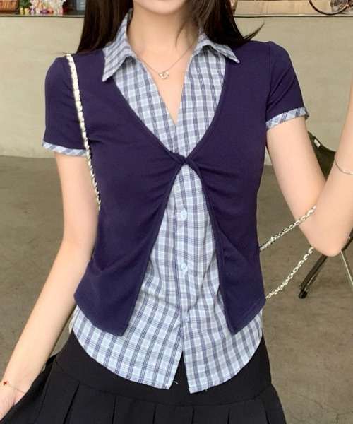 Lis ardent(リスアルダン)の「チェック柄レイヤード風 フロントツイスト半袖トップス(Tシャツ/カットソー・レディース・ネイビー・M)」の10枚目の写真