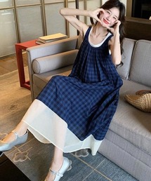 チェック柄レイヤード風 キャミロングワンピース