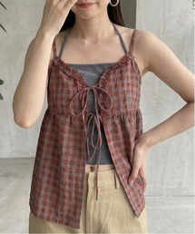 インナー付き チェック柄 フロントリボンキャミソール