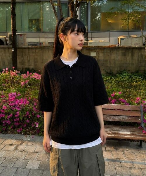 ANEWBROS（アニュブロス）の「ハオンケーブルボタンカラー半袖ニット4カラー[ANSK_1001]（Tシャツ/カットソー・レディース・グリーン/バーガンディー/ネイビー/ブラック・LARGE/X-LARGE/SMALL/MEDIUM）」の10枚目の写真