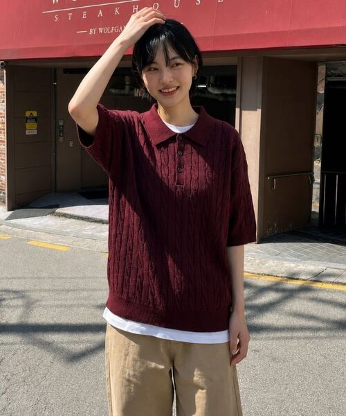 ANEWBROS（アニュブロス）の「ハオンケーブルボタンカラー半袖ニット4カラー[ANSK_1001]（Tシャツ/カットソー・レディース・グリーン/バーガンディー/ネイビー/ブラック・LARGE/X-LARGE/SMALL/MEDIUM）」の11枚目の写真