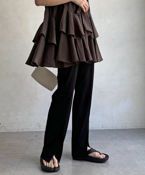 DouDou(ドゥドゥ)の「リブライクダンボールスリットパンツ(その他パンツ・レディース・ブラック/モカ・FREE)」の5枚目の写真