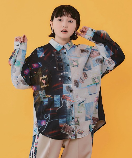 ScoLar(スカラー)の「162649:ポラロイド柄or花ネコストライプ柄 ガーゼシャツ(シャツ/ブラウス・レディース・ブラック/オフホワイト・M)」の2枚目の写真