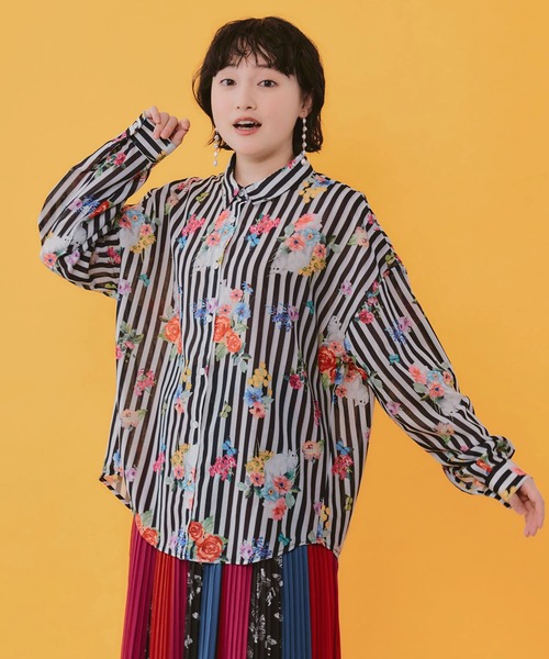 ScoLar(スカラー)の「162649:ポラロイド柄or花ネコストライプ柄 ガーゼシャツ(シャツ/ブラウス・レディース・ブラック/オフホワイト・M)」の21枚目の写真