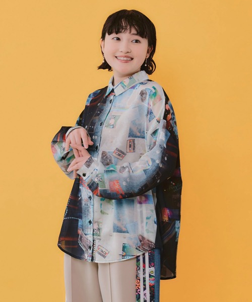 ScoLar(スカラー)の「162649:ポラロイド柄or花ネコストライプ柄 ガーゼシャツ(シャツ/ブラウス・レディース・ブラック/オフホワイト・M)」の13枚目の写真