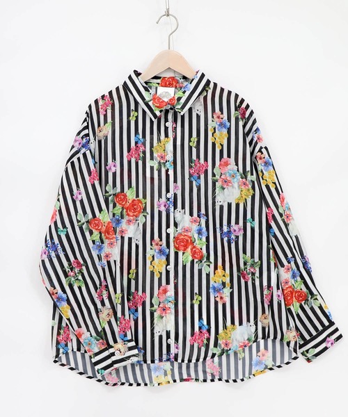 ScoLar(スカラー)の「162649:ポラロイド柄or花ネコストライプ柄 ガーゼシャツ(シャツ/ブラウス・レディース・ブラック/オフホワイト・M)」の7枚目の写真