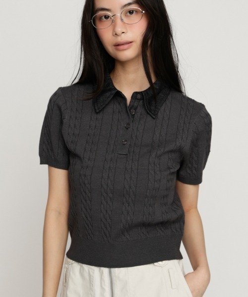 SLY(スライ)の「COLLAR DOCKING KNIT TOPS カラードッキングニットトップス 夏服 秋服(ニット/セーター・レディース・グレー/アイボリー/ダークパープル/ブラック・FREE)」の3枚目の写真
