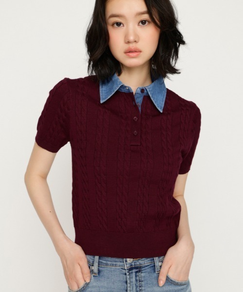 SLY(スライ)の「COLLAR DOCKING KNIT TOPS カラードッキングニットトップス 夏服 秋服(ニット/セーター・レディース・グレー/アイボリー/ダークパープル/ブラック・FREE)」の4枚目の写真