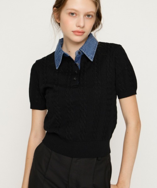 SLY(スライ)の「COLLAR DOCKING KNIT TOPS カラードッキングニットトップス 夏服 秋服(ニット/セーター・レディース・グレー/アイボリー/ダークパープル/ブラック・FREE)」の2枚目の写真