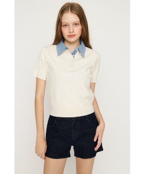 SLY(スライ)の「COLLAR DOCKING KNIT TOPS カラードッキングニットトップス 夏服 秋服(ニット/セーター・レディース・グレー/アイボリー/ダークパープル/ブラック・FREE)」の5枚目の写真