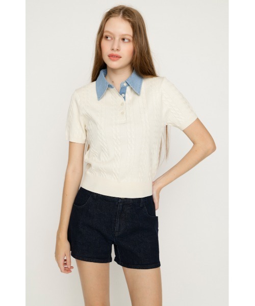 SLY(スライ)の「COLLAR DOCKING KNIT TOPS カラードッキングニットトップス 夏服 秋服(ニット/セーター・レディース・グレー/アイボリー/ダークパープル/ブラック・FREE)」の6枚目の写真