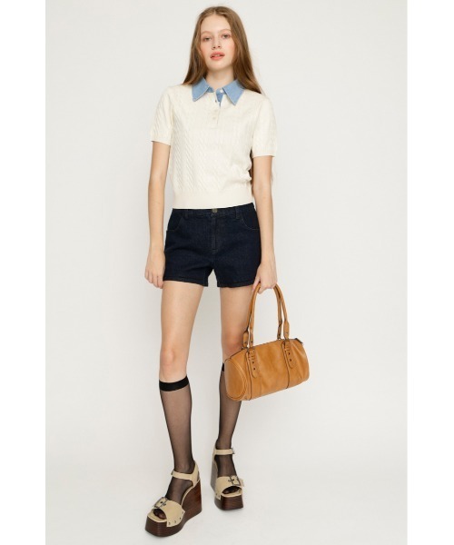 SLY(スライ)の「COLLAR DOCKING KNIT TOPS カラードッキングニットトップス 夏服 秋服(ニット/セーター・レディース・グレー/アイボリー/ダークパープル/ブラック・FREE)」の7枚目の写真
