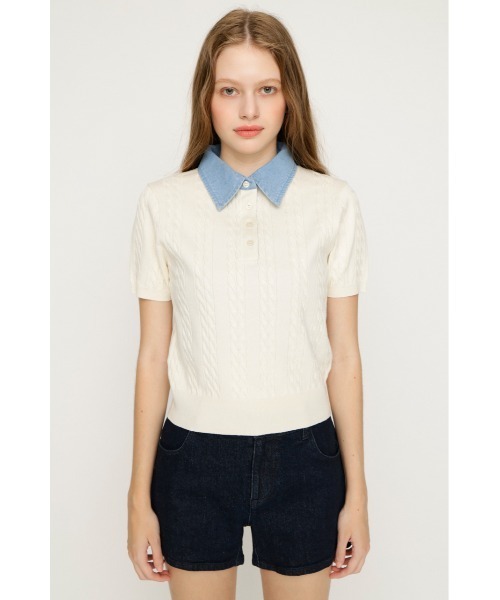 SLY(スライ)の「COLLAR DOCKING KNIT TOPS カラードッキングニットトップス 夏服 秋服(ニット/セーター・レディース・グレー/アイボリー/ダークパープル/ブラック・FREE)」の8枚目の写真