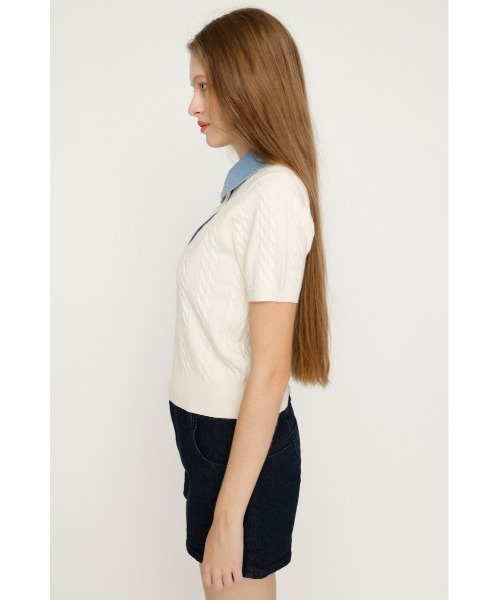 SLY(スライ)の「COLLAR DOCKING KNIT TOPS カラードッキングニットトップス 夏服 秋服(ニット/セーター・レディース・グレー/アイボリー/ダークパープル/ブラック・FREE)」の9枚目の写真
