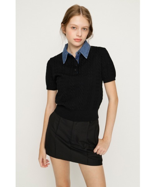 SLY(スライ)の「COLLAR DOCKING KNIT TOPS カラードッキングニットトップス 夏服 秋服(ニット/セーター・レディース・グレー/アイボリー/ダークパープル/ブラック・FREE)」の13枚目の写真