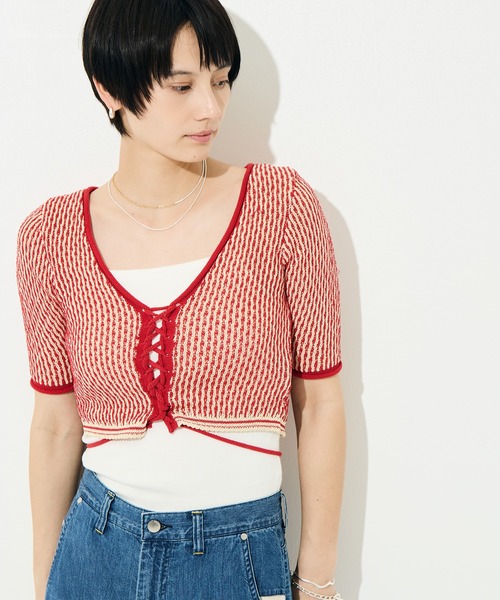 muller of yoshiokubo（ミュラーオブヨシオクボ）の「[muller of yoshiokubo/ミュラー オブ ヨシオクボ]RIPPLE LACE-UP KNIT（ニット/セーター・レディース・レッド/ブラック・S）」の5枚目の写真
