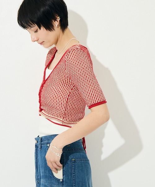 muller of yoshiokubo（ミュラーオブヨシオクボ）の「[muller of yoshiokubo/ミュラー オブ ヨシオクボ]RIPPLE LACE-UP KNIT（ニット/セーター・レディース・レッド/ブラック・S）」の6枚目の写真