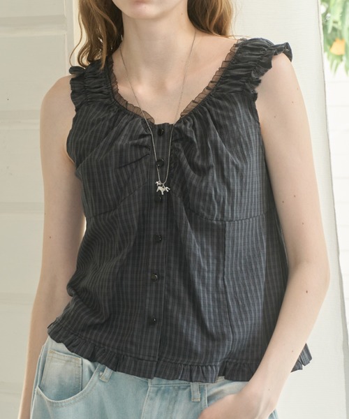 Birthday room(バースデイルーム)の「フリルギャザーノースリーブBL/Frilled gathered sleeveless BL(シャツ/ブラウス・レディース・ネイビー/ホワイト/ミント・FREE)」の3枚目の写真