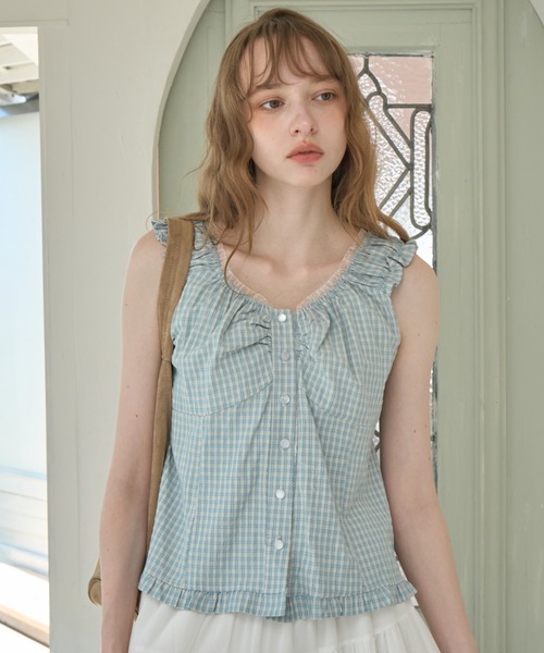 Birthday room(バースデイルーム)の「フリルギャザーノースリーブBL/Frilled gathered sleeveless BL(シャツ/ブラウス・レディース・ネイビー/ホワイト/ミント・FREE)」の1枚目の写真